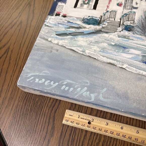 Original Signed Christmas Architecture Painting Snowy Starry Winter Sky - Picture 3 of 10